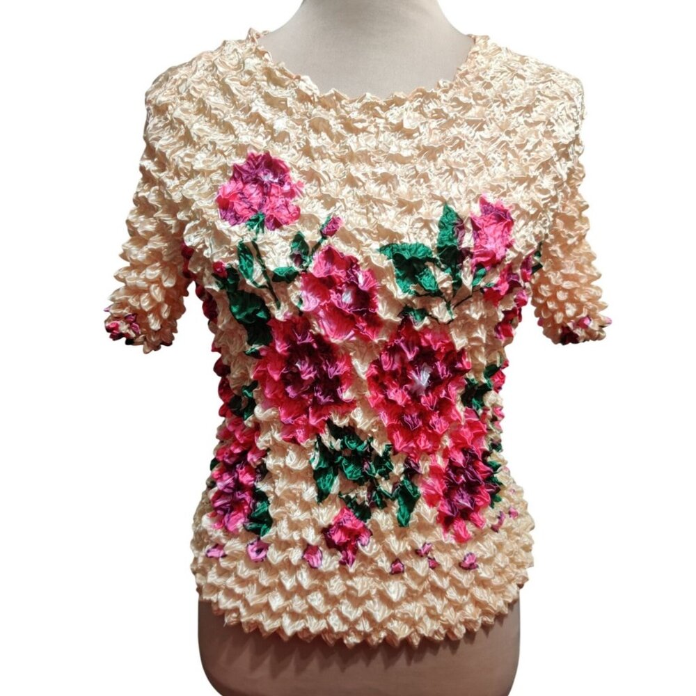 Womens One Size Cream Floral Top Crinkle Bubble Popcorn Vintage Y2K Artwear Chic